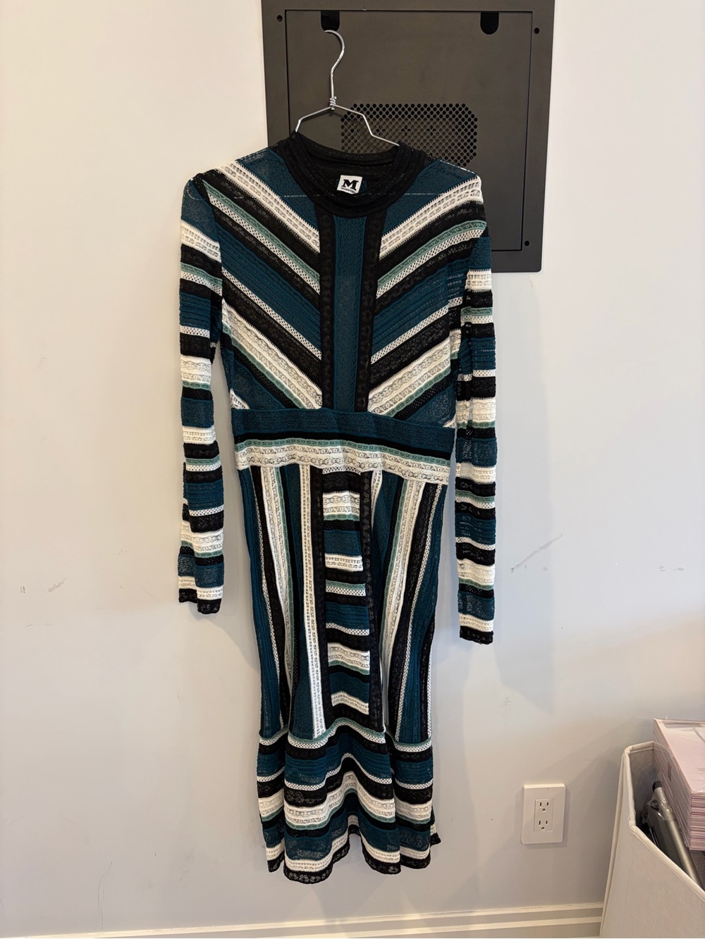 M by Missoni Teal, Black & White Striped Long-Sleeve Knit Dress - Picture 1 of 6